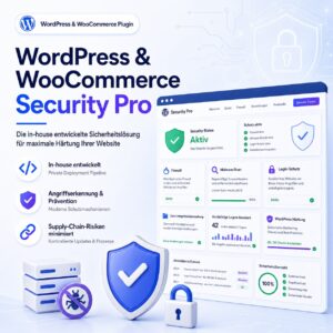 WordPress & WooCommerce Security Pro<div class="ope-cart-description"><p><b>WordPress & WooCommerce Security Pro ist eine in-house entwickelte Sicherheitslösung zur Härtung Ihrer Website: mit Firewall, Malware-Erkennung, Login-Schutz, Datei-Integritätsprüfung, Angriffsprävention und kontrollierter privater Deployment-Pipeline zur Minimierung von Supply-Chain-Risiken.</b></p>

<div class="module module-icon tb_d80m250 small icon_vertical">
 <div class="module-icon-item">
 <em class="tf_box" style="background-color:#4d7de1;color:#edf3ff">
 
 
 
 </em>
 <span>In-house in Mainz entwickelt</span>
 </div>

 <div class="module-icon-item">
 <em class="tf_box" style="background-color:#4d7de1;color:#edf3ff">
 
 
 
 </em>
 <span>Firewall, Malware-Scan & Login-Schutz</span>
 </div>

 <div class="module-icon-item">
 <em class="tf_box" style="background-color:#4d7de1;color:#edf3ff">
 
 
 
 </em>
 <span>Minimierte Supply-Chain-Risiken</span>
 </div>

 <div class="module-icon-item">
 <em class="tf_box" style="background-color:#4d7de1;color:#edf3ff">
 
 
 
 </em>
 <span>Essenzielle WordPress-Härtung</span>
 </div>
</div></div>