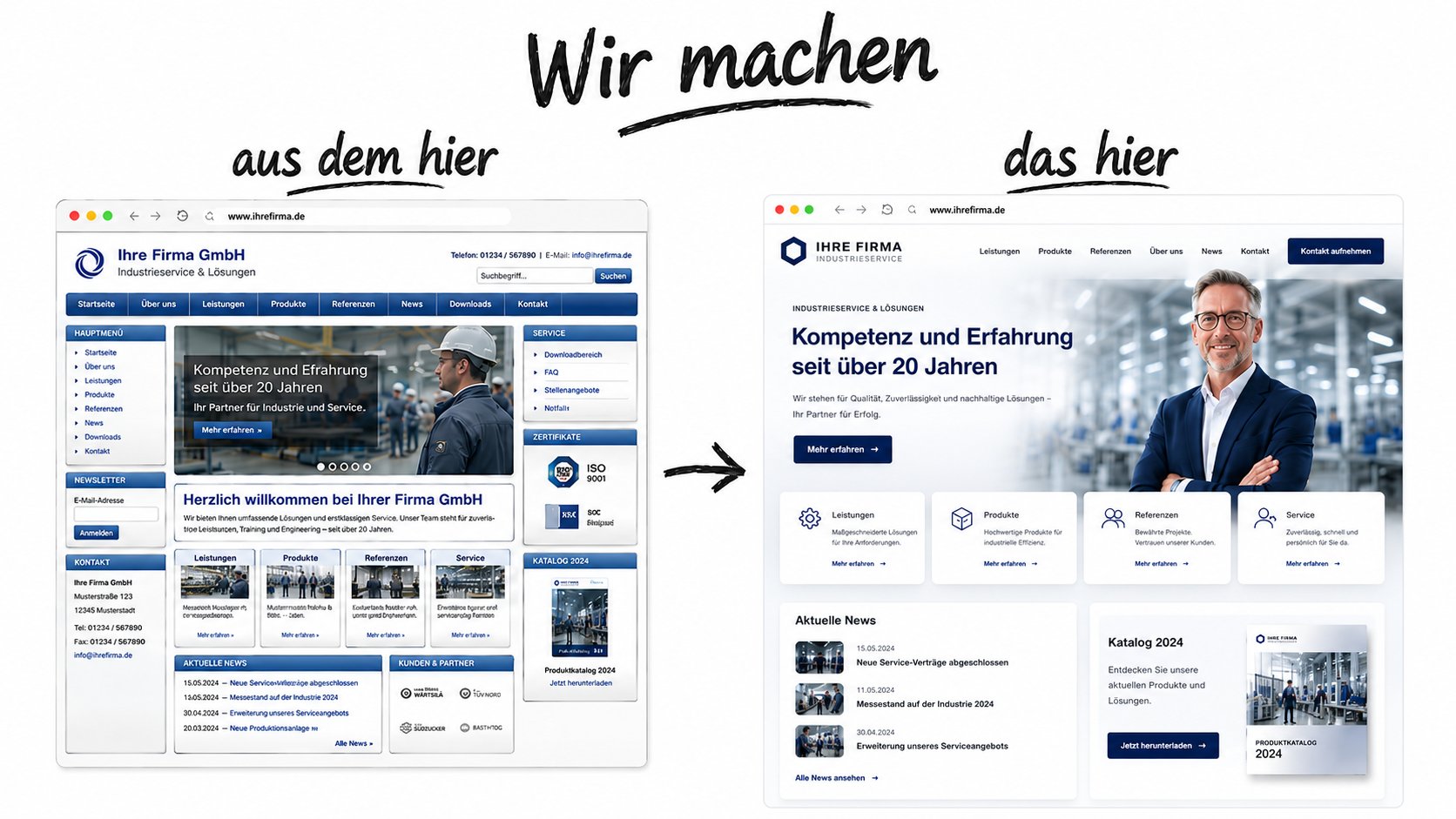 Aus dem hier wird das hier Kampagne Verbesserte Zielseite RheinMainTech Leistungen Websites WordPress Unternehmenswebsites Relaunch