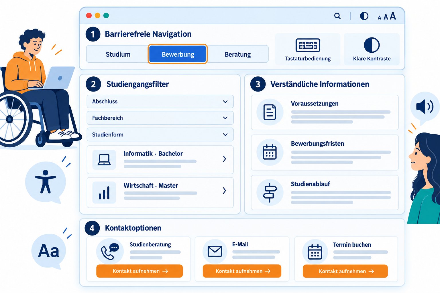 Barrierefreie Studienwebsite im Überblick Barrierefreie Bildungswebsite mit klaren Studiengangsinformationen und inklusiver Navigation