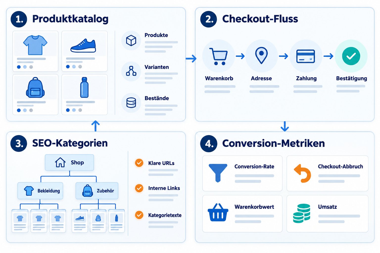 E-Commerce-Relaunch Katalog Checkout SEO Conversion E-Commerce Relaunch Dashboard mit Produktseiten, Checkout, SEO und Conversion-Daten