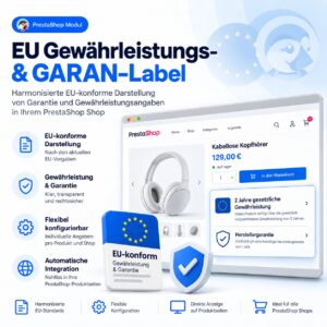 EU Gewährleistungs- & GARAN-Label für PrestaShop<div class="ope-cart-description"><p><b>EU Gewährleistungs- & GARAN-Label unterstützt Online-Shops bei der harmonisierten Darstellung von gesetzlicher Gewährleistung und freiwilligen Herstellergarantien: mit EU-konformem Gewährleistungshinweis, GARAN-Label für Produktgarantien, Laufzeitangaben, Produktzuordnung und vorbereiteter Darstellung für Produktseite, Checkout und E-Mail-Kommunikation.</b></p>
<div class="module module-icon tb_d80m250 small icon_vertical">
<div class="module-icon-item">
<em class="tf_box" style="background-color:#4d7de1;color:#edf3ff">
</em>
<span>Harmonisierter EU-Gewährleistungshinweis</span>
</div>
<div class="module-icon-item">
<em class="tf_box" style="background-color:#4d7de1;color:#edf3ff">
</em>
<span>EU GARAN-Label für Herstellergarantien</span>
</div>
<div class="module-icon-item">
<em class="tf_box" style="background-color:#4d7de1;color:#edf3ff">
</em>
<span>Produktbezogene Garantie-Laufzeiten</span>
</div>
<div class="module-icon-item">
<em class="tf_box" style="background-color:#4d7de1;color:#edf3ff">
</em>
<span>Darstellung für Produktseite, Checkout & E-Mail</span>
</div>
<div class="module-icon-item">
<em class="tf_box" style="background-color:#4d7de1;color:#edf3ff">
</em>
<span>Untersützt die PrestaShop-Versionen 1.6.x. - 9.x</span>
</div>
</div></div>