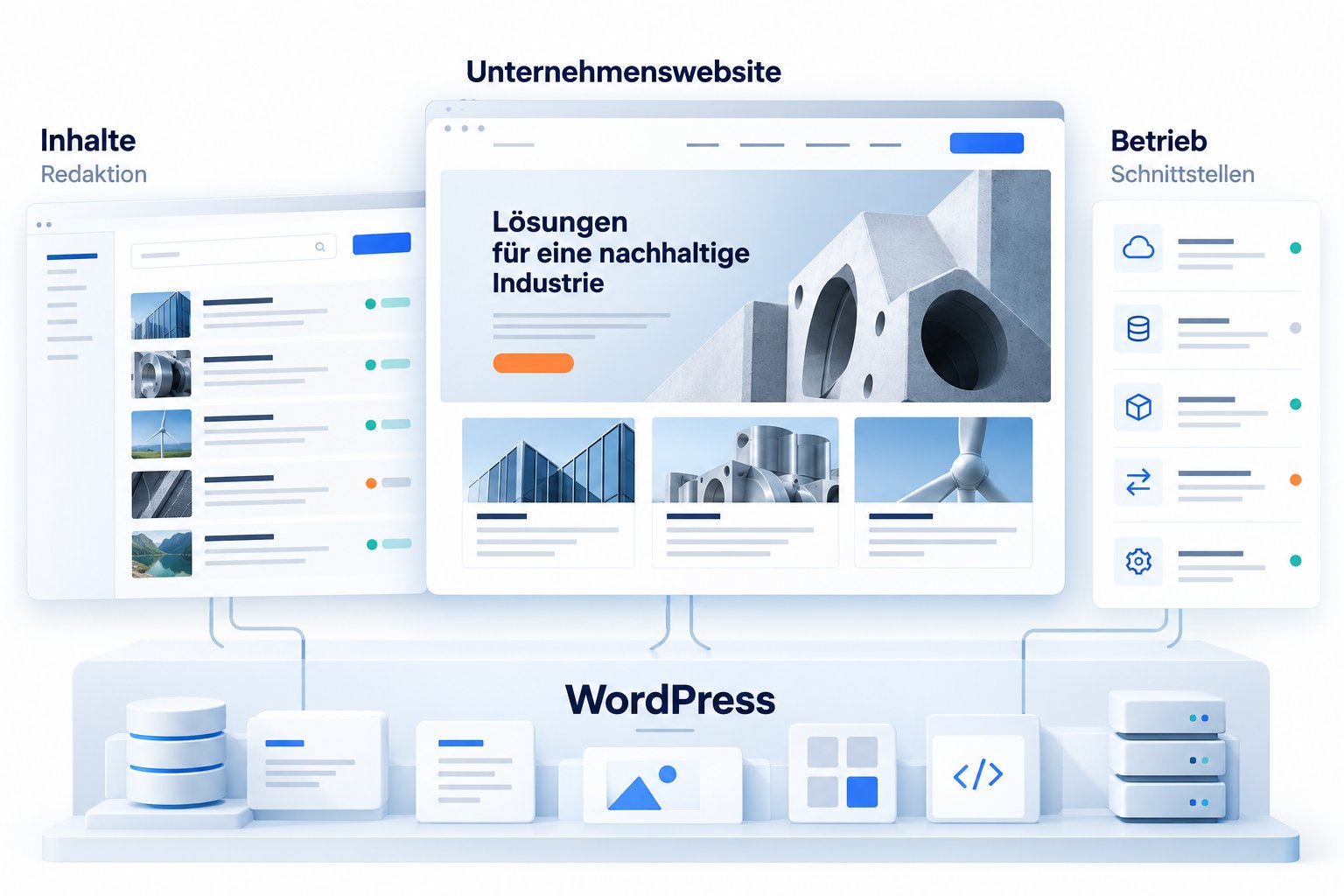 Illustrative WordPress-Unternehmensplattform mit Website, Inhaltsmodellen und Betriebsansicht.