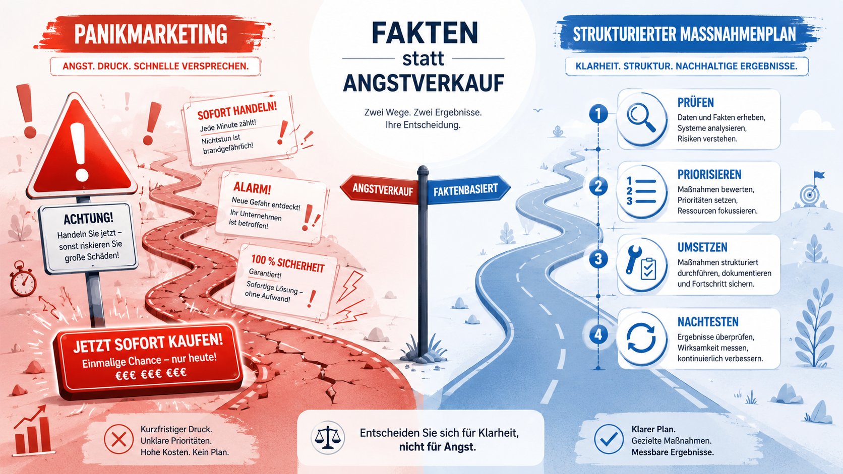 Zwei Wege: Panikmarketing mit rotem Warnschild versus strukturierter Maßnahmenplan