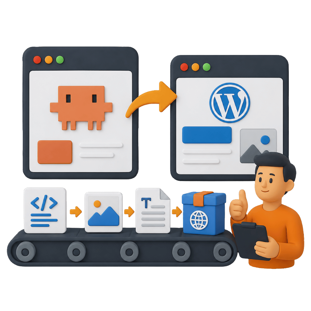Illustriert die Konvertierung einer durch Claude oder Claude-Code generierten Website hin zu einem belastbaren und strukturierten WordPress-System