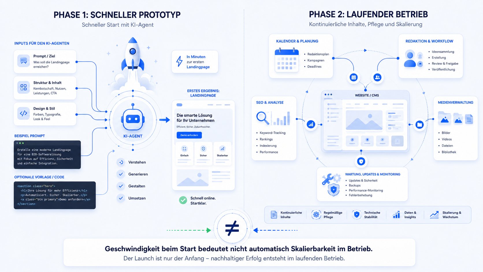 KI-Agenten-gestützte Landingpage Entwicklung Grafik mit zwei Phasen einer KI-Website: schneller Prototyp und langfristiger Betrieb