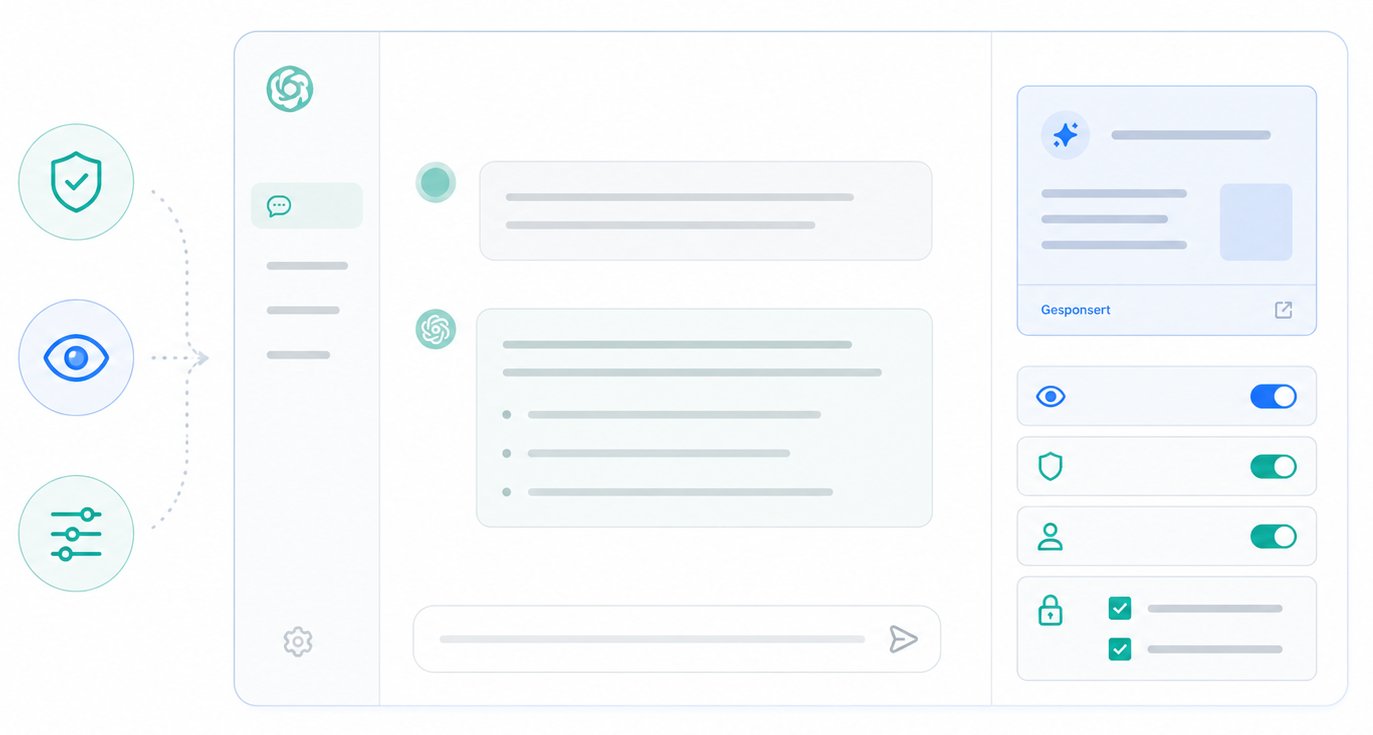 Minimalist chat interface with privacy controls Illustration zu Vertrauen, Transparenz, Nutzerkontrolle und Brand Safety bei KI-Werbung