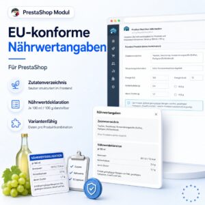 EU-konforme Nährwertangaben für PrestaShop<div class="ope-cart-description"><p><b>EU-konforme Nährwertangaben für PrestaShop ergänzt Produktseiten um frei konfigurierbare Nährwertinformationen: mit Angaben pro 100 g/ml, Zutaten, Verpackungshinweisen, Produktvarianten-Unterstützung und wiederverwendbaren Templates für effizientes Arbeiten.</b></p>

<div class="module module-icon tb_d80m250 small icon_vertical">
 <div class="module-icon-item">
 <em class="tf_box" style="background-color:#4d7de1;color:#edf3ff">
 
 
 
 </em>
 <span>EU-konforme Nährwertdarstellung</span>
 </div>

 <div class="module-icon-item">
 <em class="tf_box" style="background-color:#4d7de1;color:#edf3ff">
 
 
 
 </em>
 <span>Frei konfigurierbare Angaben pro 100 g/ml</span>
 </div>

 <div class="module-icon-item">
 <em class="tf_box" style="background-color:#4d7de1;color:#edf3ff">
 
 
 
 </em>
 <span>Templates für effizientes Arbeiten</span>
 </div>

 <div class="module-icon-item">
 <em class="tf_box" style="background-color:#4d7de1;color:#edf3ff">
 
 
 
 </em>
 <span>Kompatibel mit PrestaShop 1.7.x.x bis 9.1.x</span>
 </div>
</div></div>