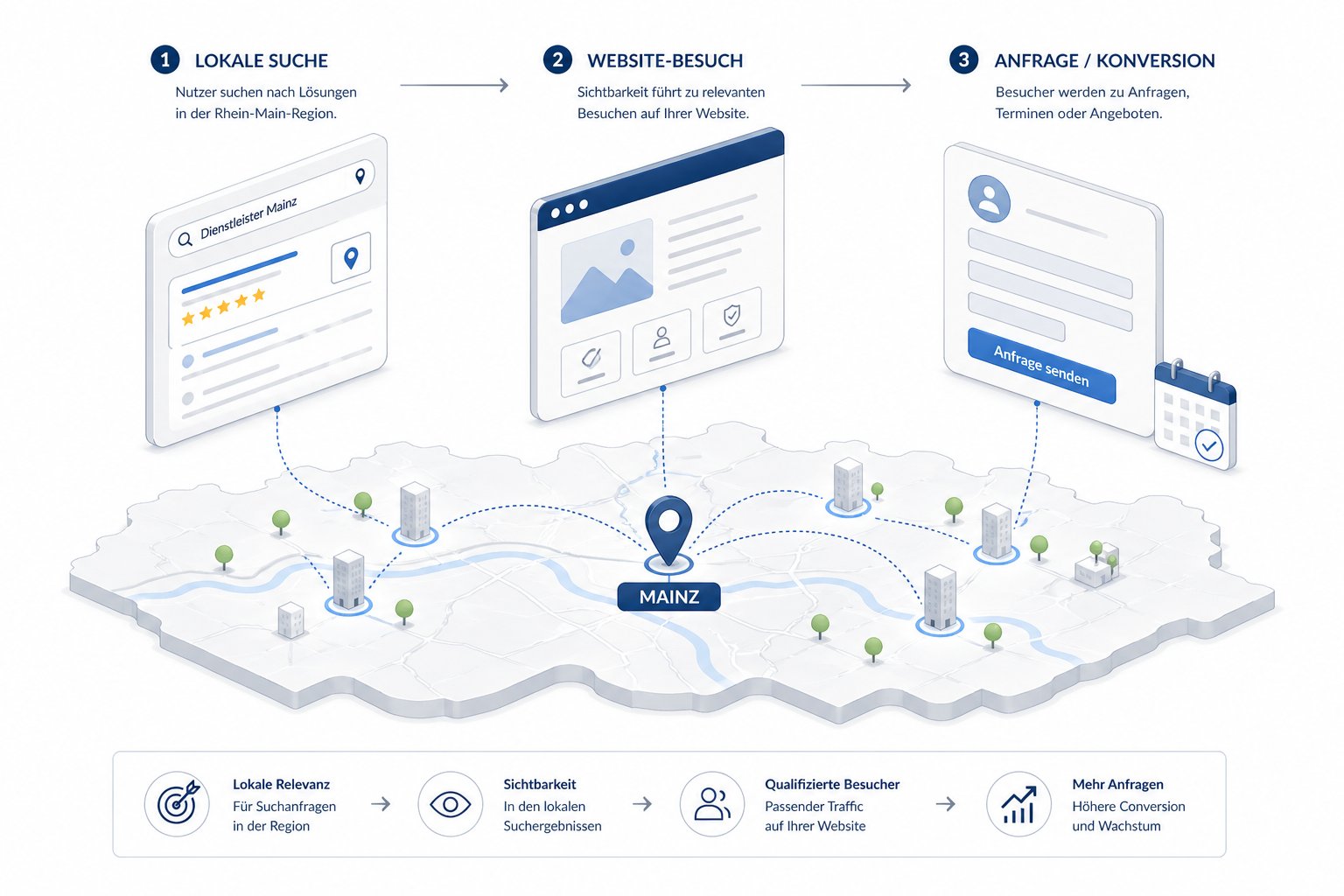 Erklärt, wie lokale Sichtbarkeit (z. B. Rhein-Main) zu Website-Besuchen und Anfragen führt.