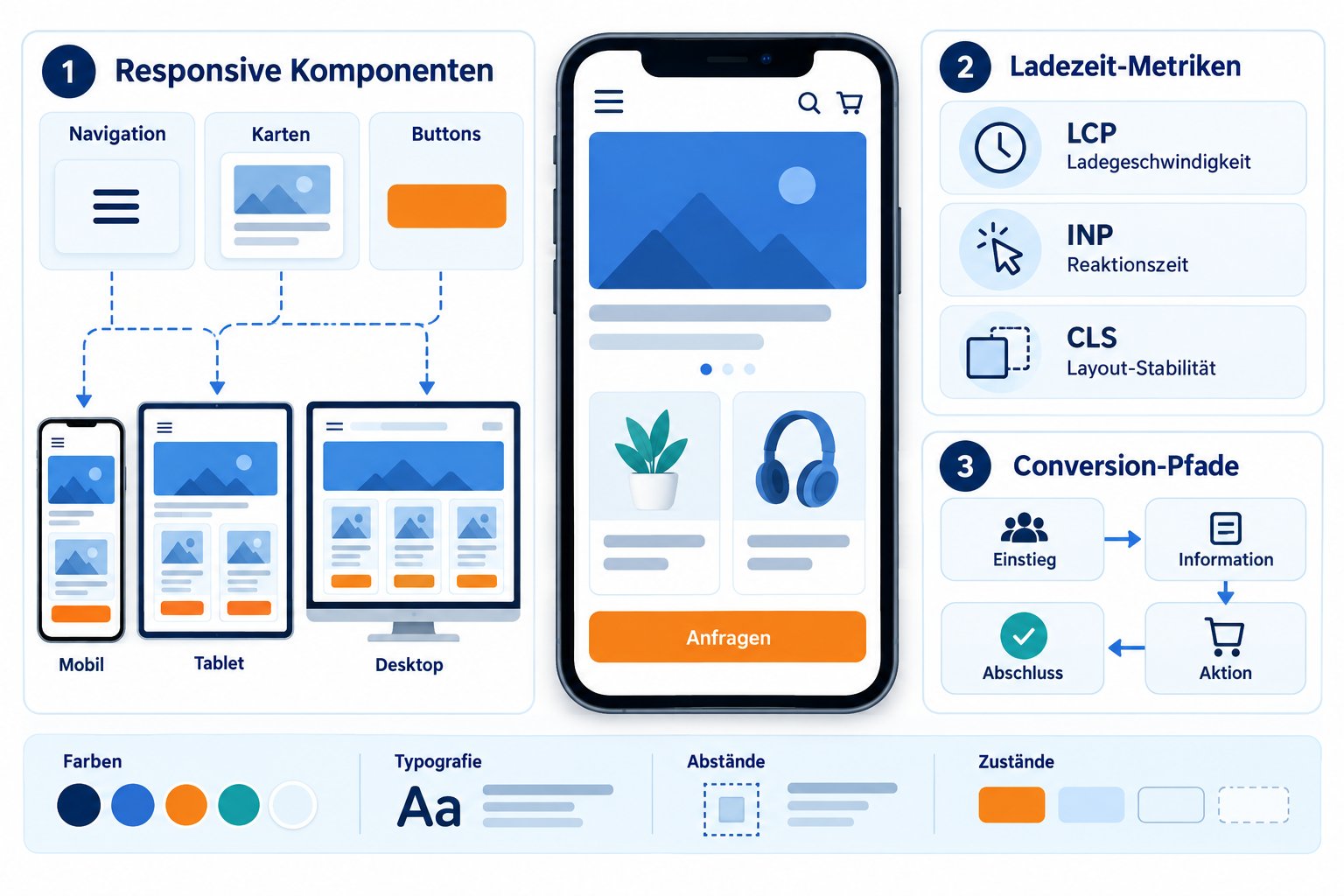 Responsive Komponenten Metriken und Conversion-Pfade Mobile Website Redesign mit Smartphone-Ansichten, Touch-Zielen und Performance-Messung