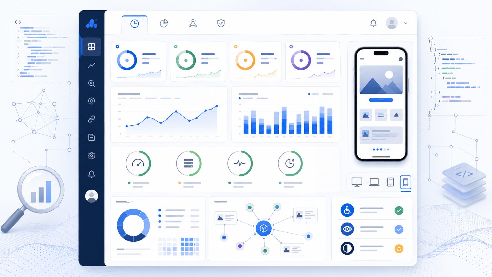 Technisches SEO-Dashboard mit Performance, Barrierefreiheit und strukturierten Daten