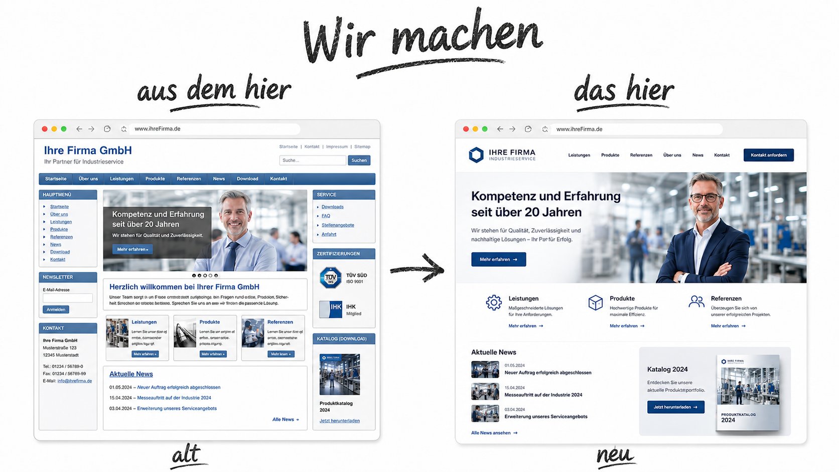 Die Grafik zeigt links eine veraltete Version einer Firmenwebseite und rechts eine rundum erneuerte Version derselben Seite. Wir machen aus dem hier das hier. Aus alt mach neu. 