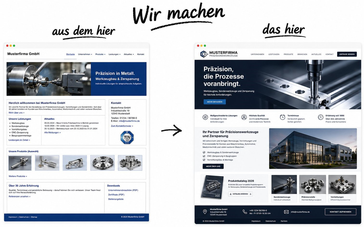 Gegenüberstellung eines veralteten Webauftritts und einer modernisierten, professionell strukturierten Unternehmenswebsite.