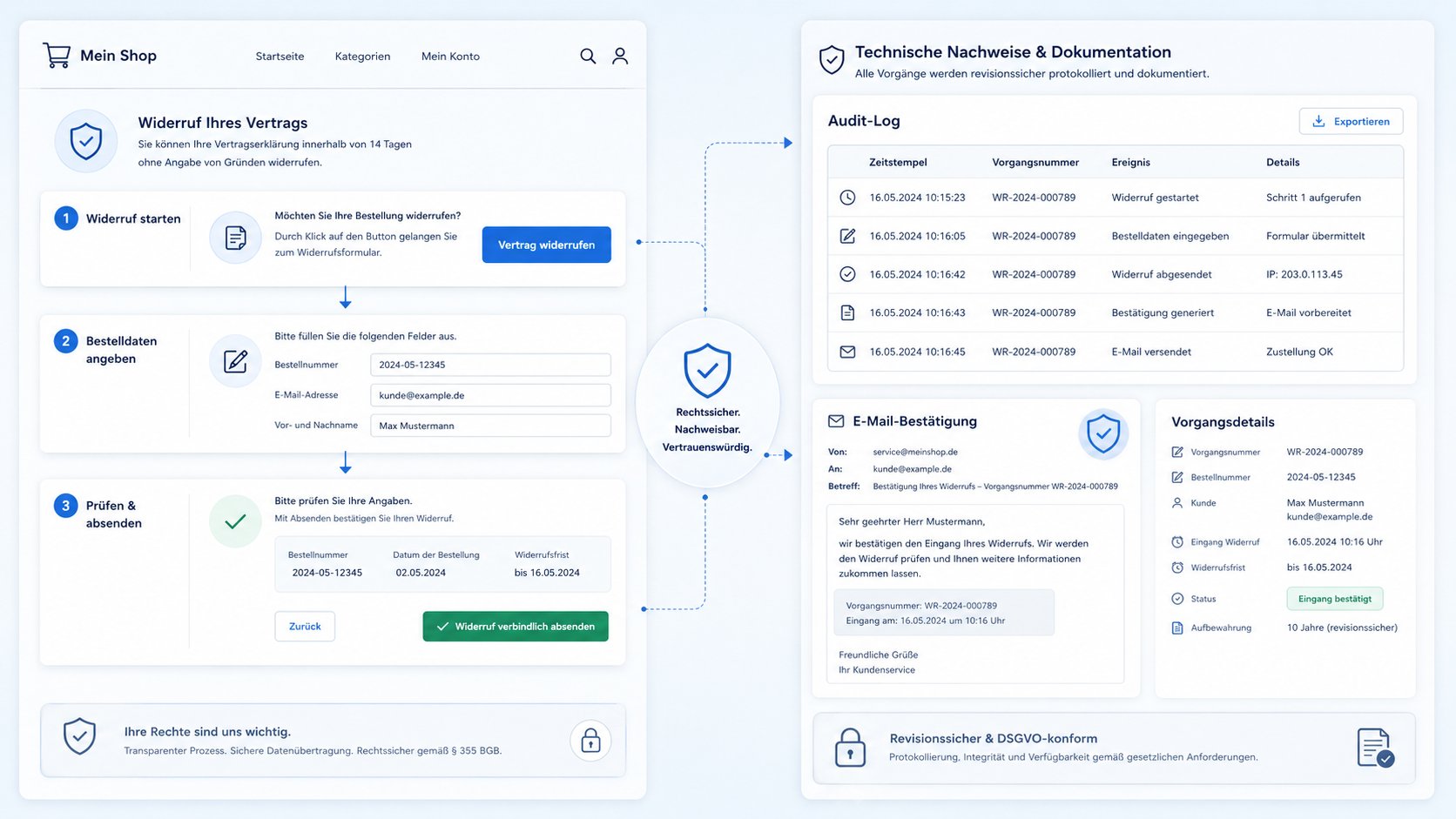 Widerruf und Nachweisprozess Dashboard Dashboard zur technischen Dokumentation eines Widerrufsprozesses