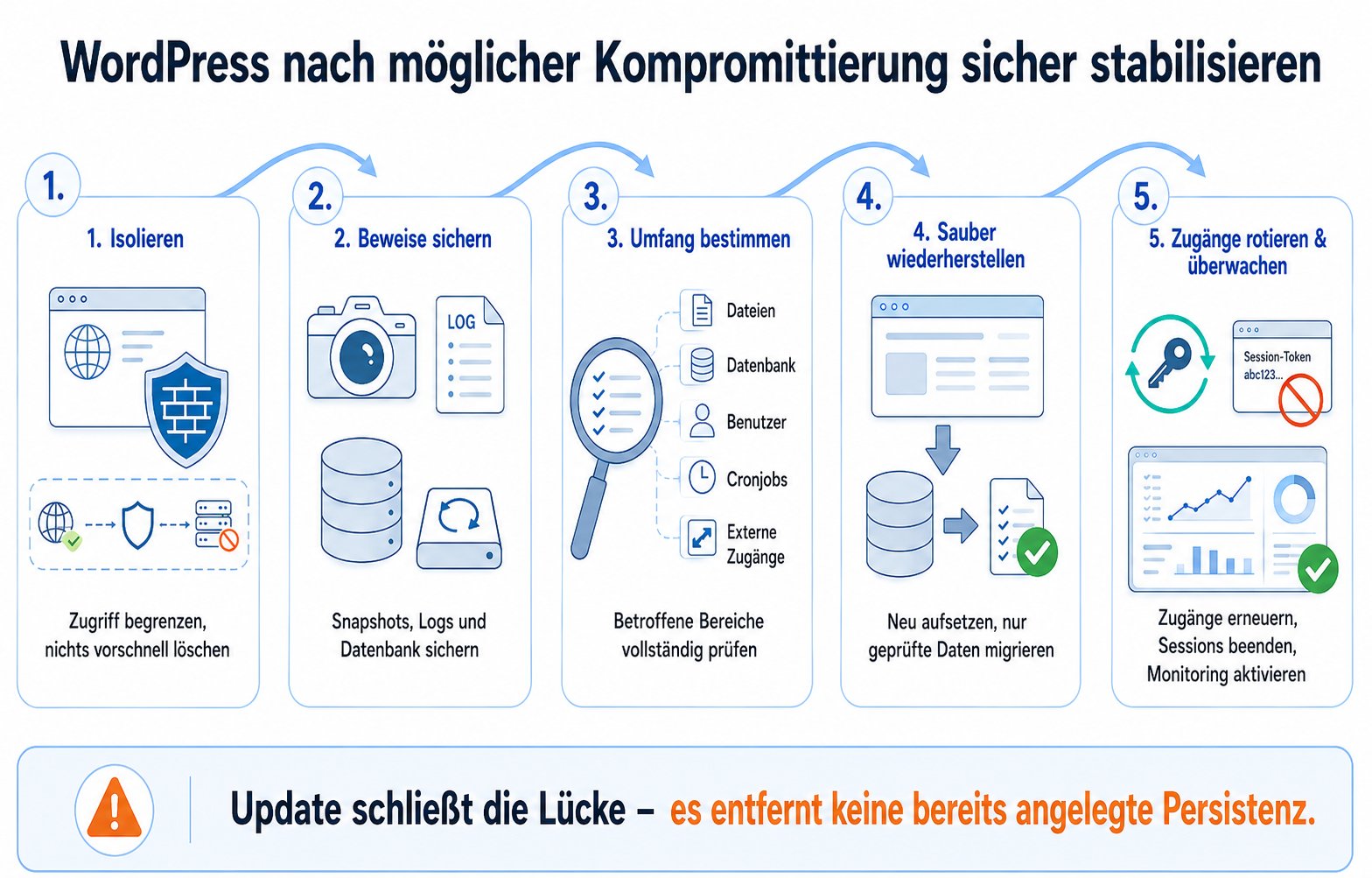 WordPress Sicherheitsmaßnahmen Schritt für Schritt Helle Erklärgrafik zum Incident-Response-Prozess bei einer möglichen WordPress-Kompromittierung von Isolation und Beweissicherung bis Neuaufbau und Monitoring