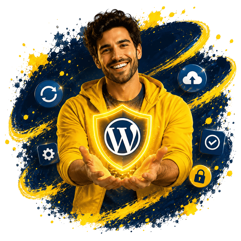 Das Bild illustriert die reguläre Wartung einer WordPress-Webseite. Im Vordergrund ist eine Person zu sehen, die ein Schutzschild mit einem WordPress-Logo hochhält.