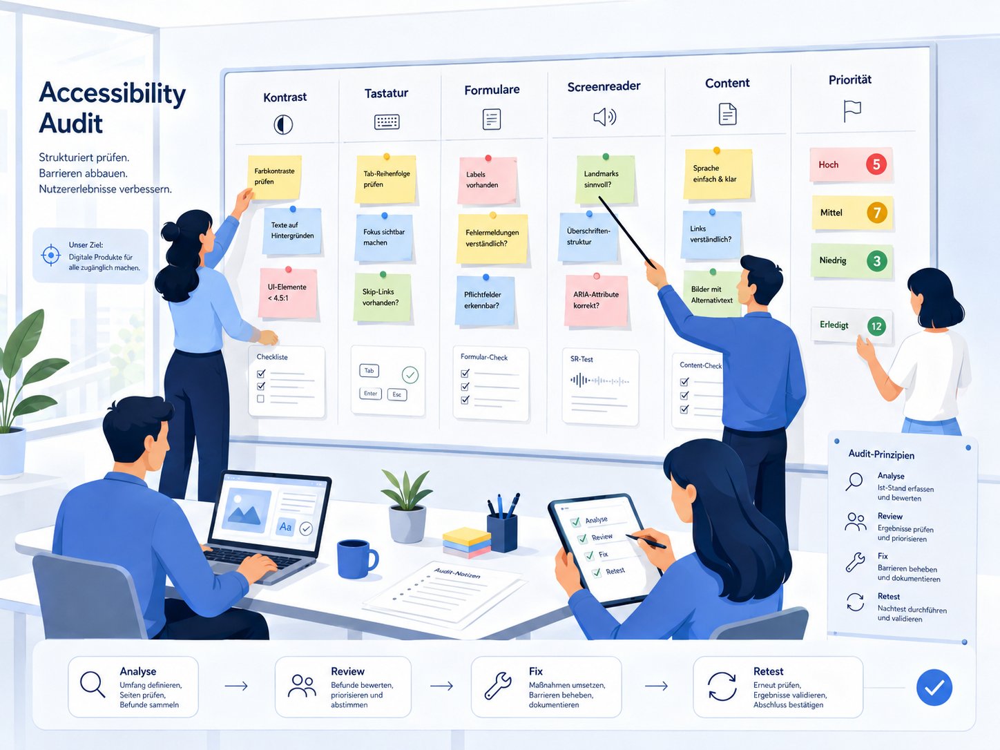 Audit-Board mit Kategorien für Kontrast, Tastatur, Formulare, Screenreader und Content