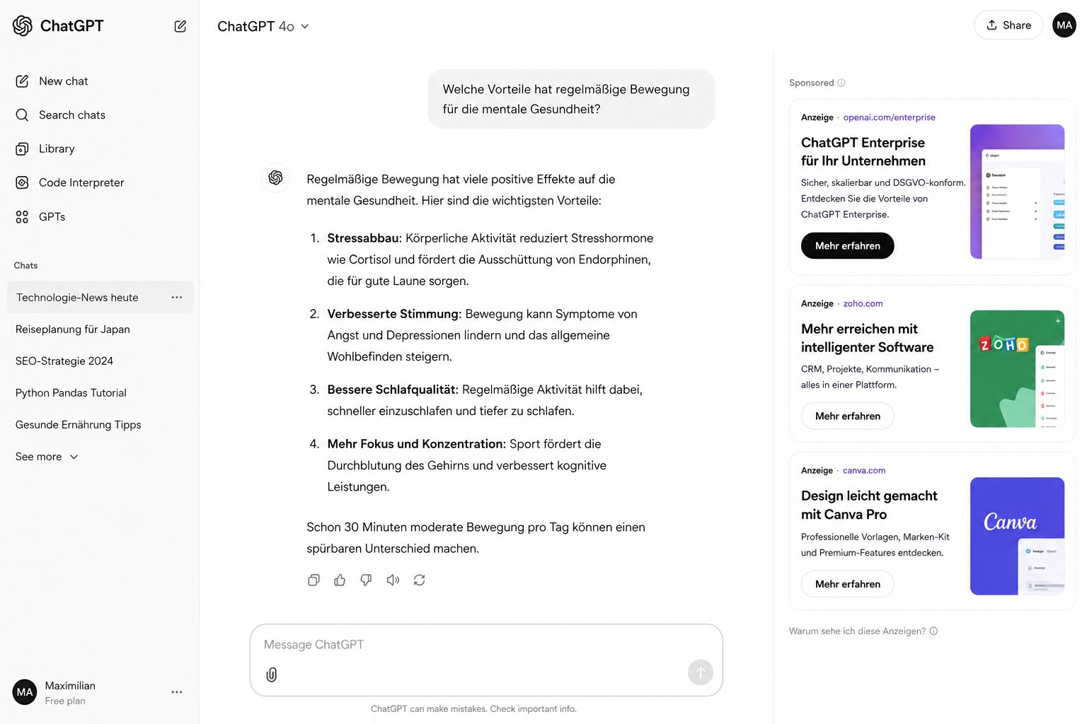 chatgpt ui mit ads screenshot Abstrakte Visualisierung von ChatGPT-Ads als neuer Werbekanal zwischen KI-Dialog, Nutzerintention und Markenangebot