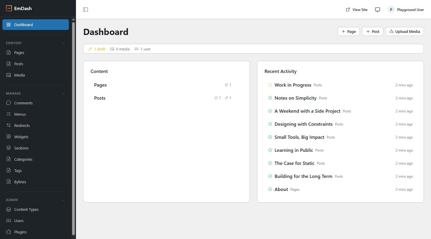 Das Dashboard des EmDash CMS wirkt noch etwas rudimentär Das Dashboard des EmDash CMS wirkt noch etwas rudimentär
