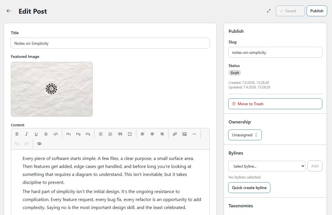 Auch die Bearbeitungsansicht von EmDash lässt hins. der Contentgestaltung- und -Strukturierung noch (sehr) zu wünschen übrig Auch die Bearbeitungsansicht von EmDash lässt hins. der Contentgestaltung- und -Strukturierung noch (sehr) zu wünschen übrig