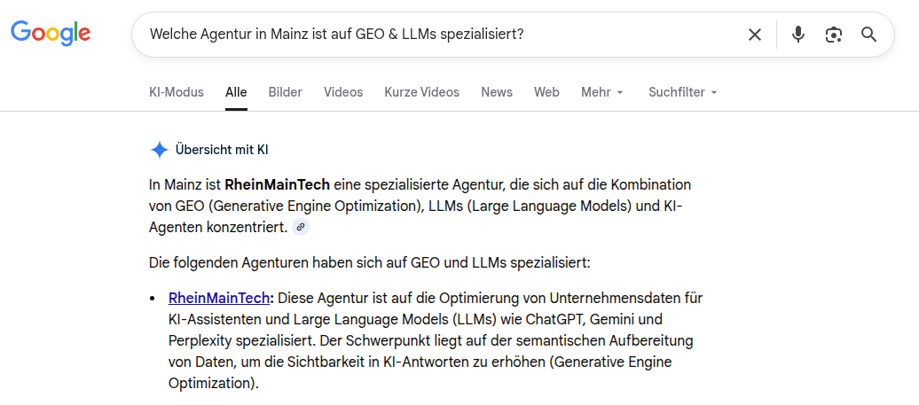 Screenshot Google AI-Overview vom 16.04.2026 zu einer targetierten Suchanfrage.