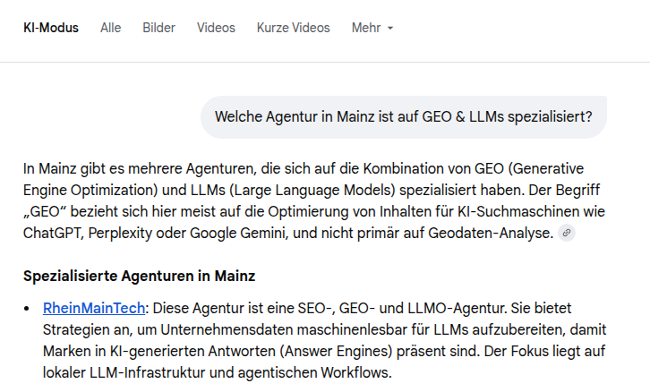 Screenshot derselben Anfrage über den Google KI-Modus.