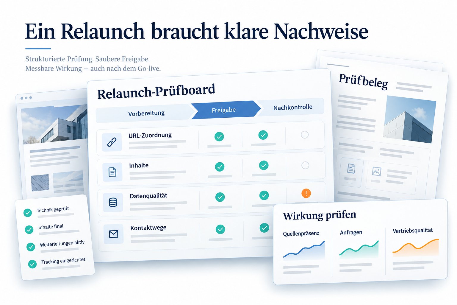 Relaunch-Checkliste mit technischen Prüfungen, Freigaben, Monitoring und Conversion-Zielen.