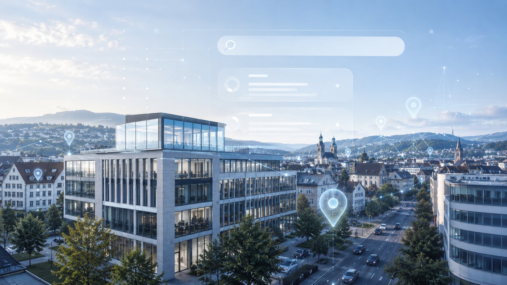 Mittelständisches Unternehmen mit digitaler Karte, Standortsignalen und KI-Suche