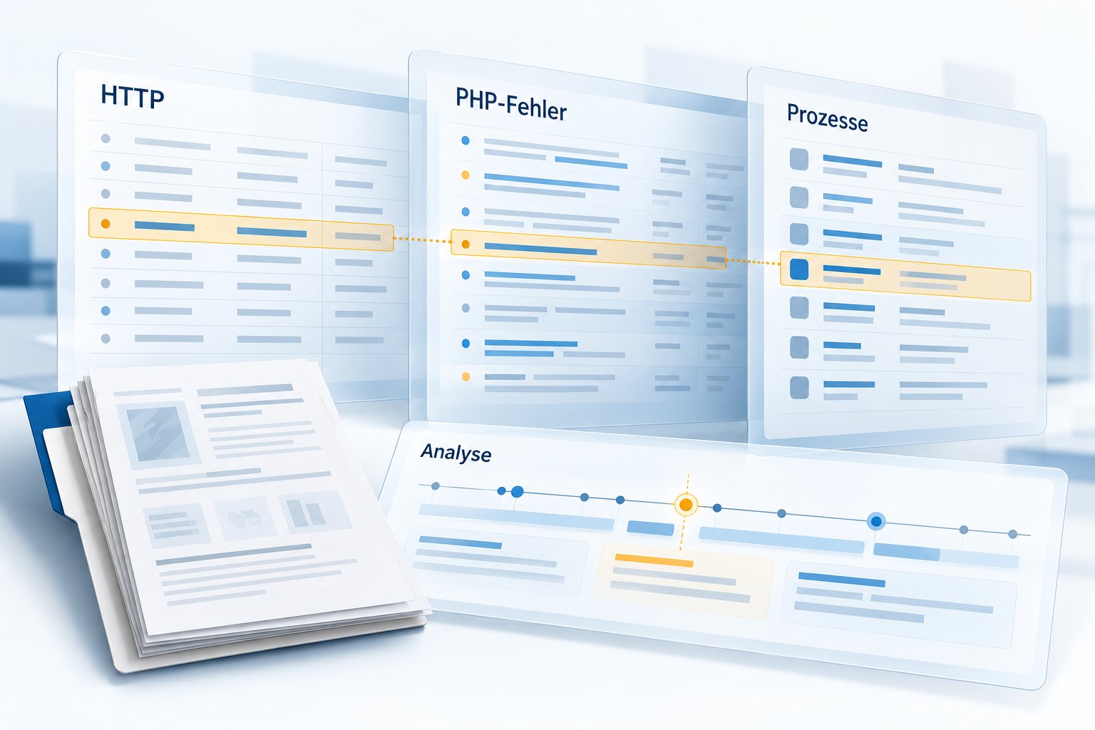 Illustrative Analyseansicht mit HTTP-Ereignissen, PHP-Fehlern und Prozessbeobachtung.