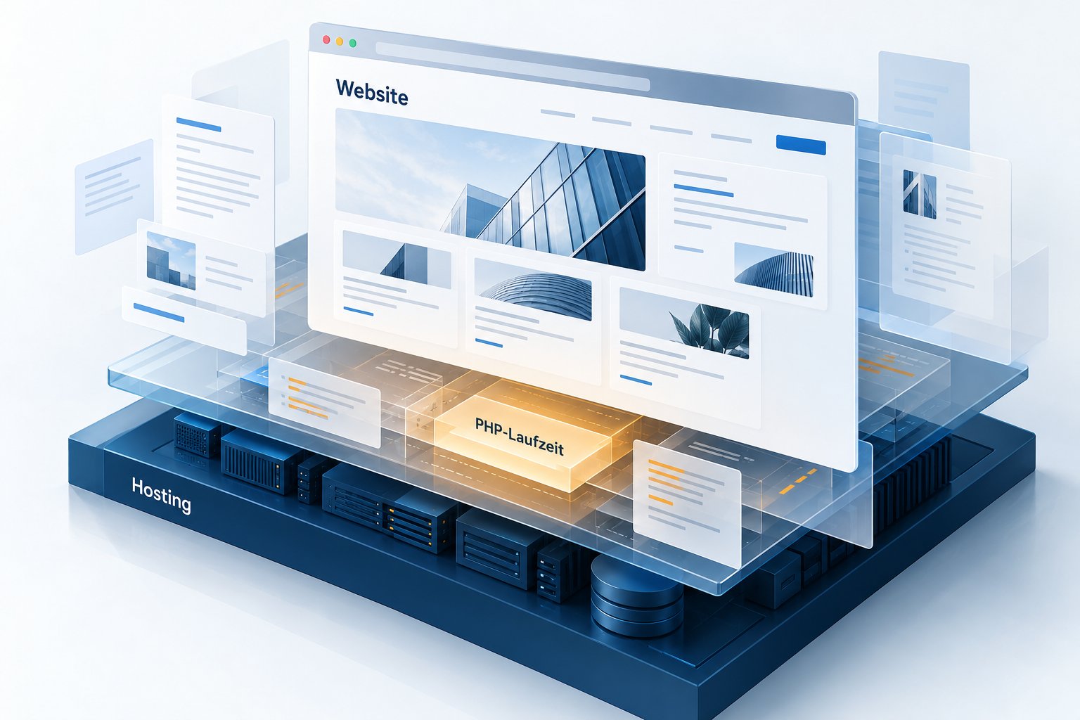 Illustrative Schichten einer Unternehmenswebsite mit Anwendung, PHP-Laufzeit und Hosting.