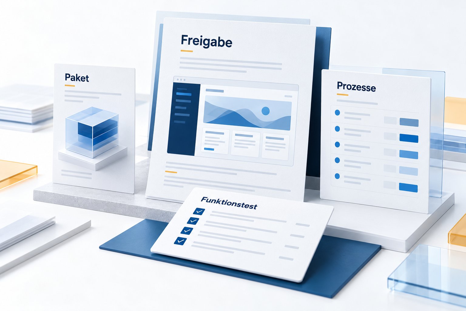 Illustrative Arbeitsansicht für Paketupdate, laufende Prozesse und Funktionstests.
