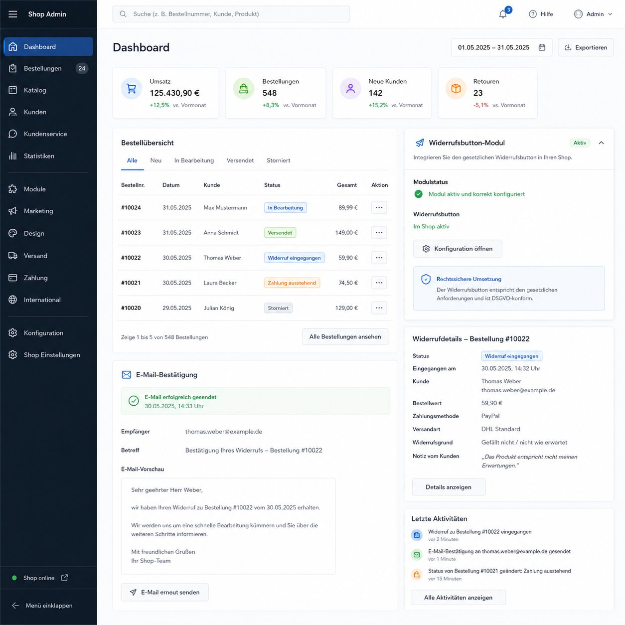 prestashop-widerrufsbutton-backend-modul-dashboard PrestaShop Backend mit integriertem Widerrufsbutton-Modul