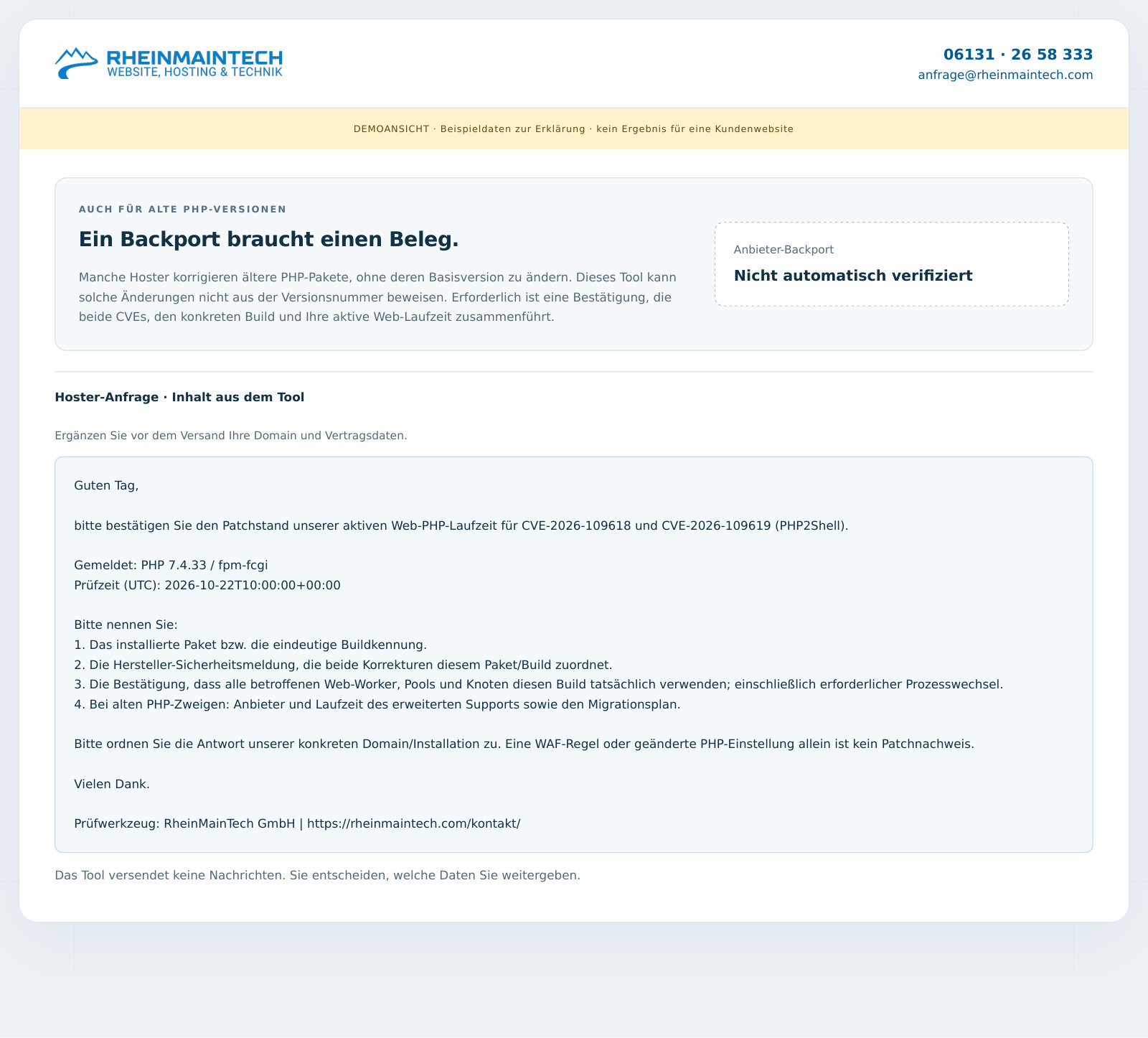Detailansicht der kopierbaren Hoster-Anfrage für PHP2Shell-Backports und aktive Web-Laufzeiten.