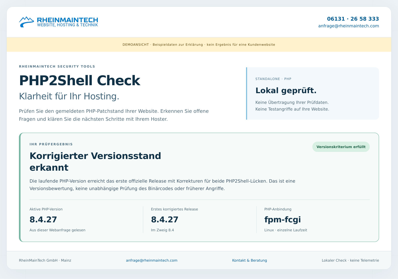 Demoansicht des eigenständigen PHP2Shell-Prüfscripts mit korrigiertem Versionsstand und Hinweisen zum Prüfumfang.