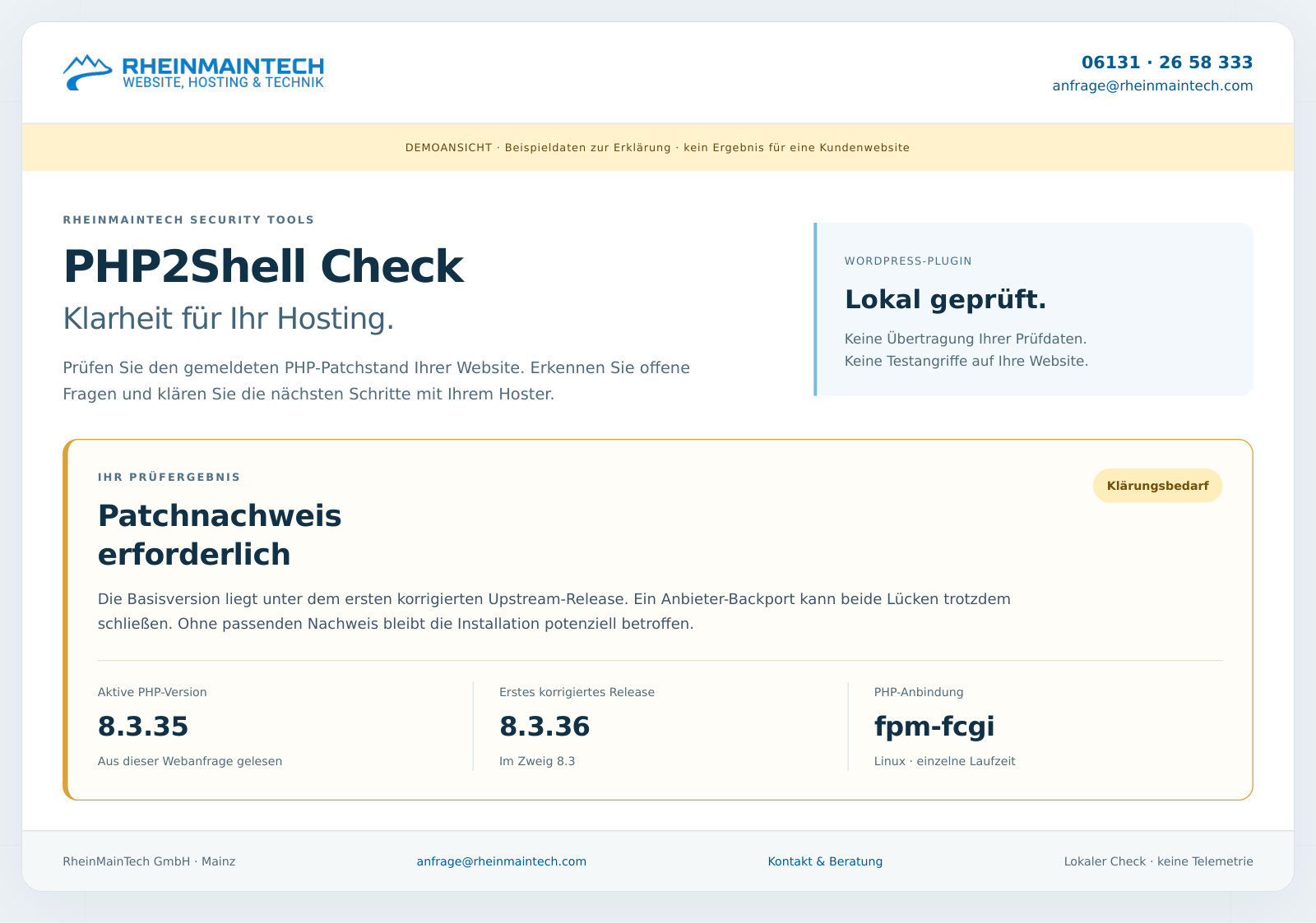 Demoansicht des RheinMainTech WordPress-Plugins mit PHP-Versionsstand, Patchhinweis und Supportstatus.