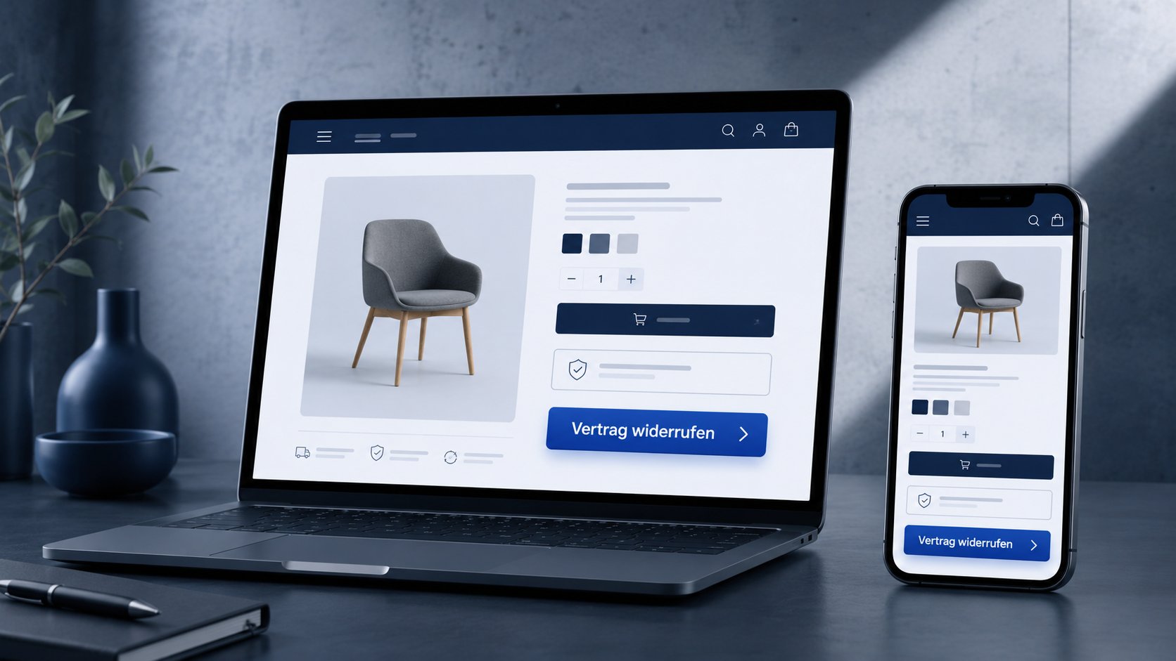 widerrufsbutton-online-shop-laptop-smartphone-hero Moderner Online-Shop mit sichtbarem Widerrufsbutton auf Laptop und Smartphone